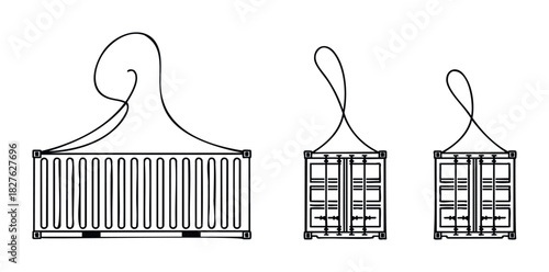 Three sizes of cargo containers suspended from lifting slings, representing shipping logistics and global transportation solutions for various industries.