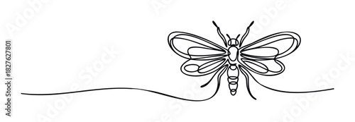 Minimalist single line drawing of a delicate insect with intricate wings and segmented body, perfect for nature themes and minimalist branding applications.