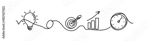 Drawn line connects lightbulb idea to target goal with growth chart and clock, representing business progress and strategy for presentations and planning
