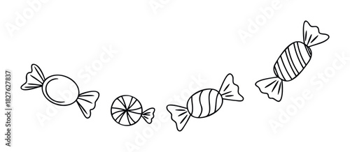 Collection of simple handdrawn candies with wrappers, perfect for party invitations, sweet treats, or holiday decorations.