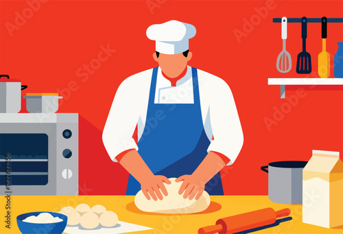 A chef in a white hat and blue apron kneads dough on a table in a bright kitchen, with utensils