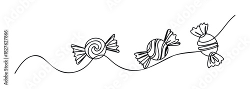 Simple line drawing of three wrapped candies on a flowing wavy line, perfect for food, celebration, or sweet themes in graphic design.