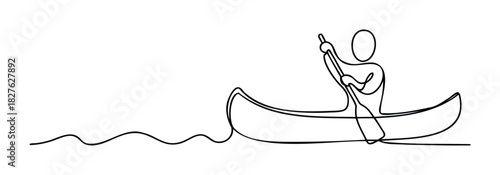 Single line drawing of a person paddling a canoe on wavy water, perfect for themes of outdoor recreation, travel, and active lifestyles in promotional materials.