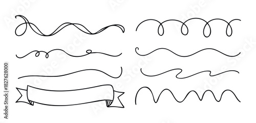 Collection of handdrawn wavy lines, swirls, and a ribbon graphic, perfect for text decoration and adding visual flair to various graphic projects.