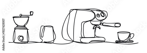 Minimalist line drawing of a coffee grinder, milk pitcher, espresso machine, and cup, perfect for cafe branding and beverage promotion.
