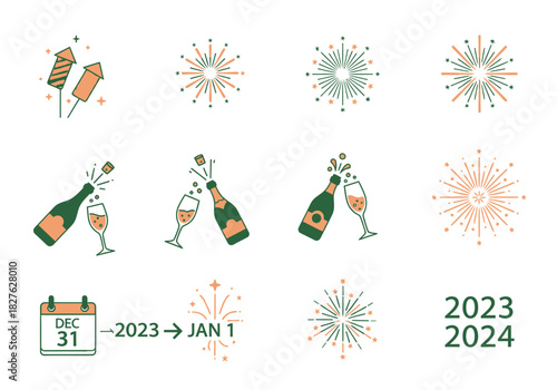 New Years Eve Celebration Icons Fireworks Champagne and Calendar.
