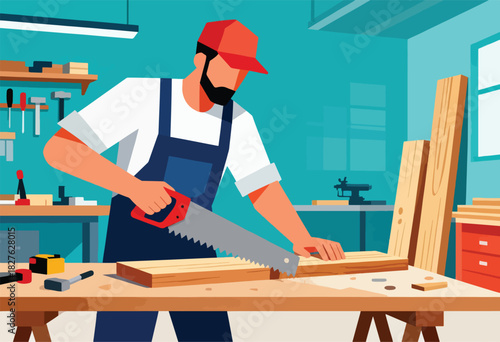 A craftsman in overalls and cap saws wood on a workbench in a workshop. Tools and materials surround him