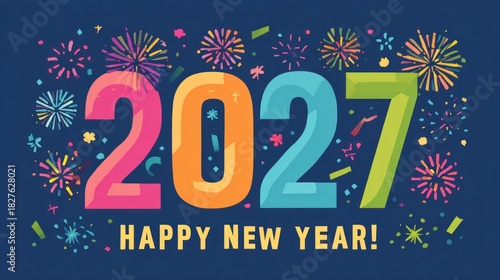 Happy New Year 2027 Celebration with Colorful Fireworks.