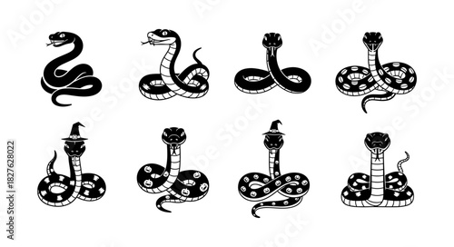 Collection of Eight Stylized Snake Illustrations in Black and Wh