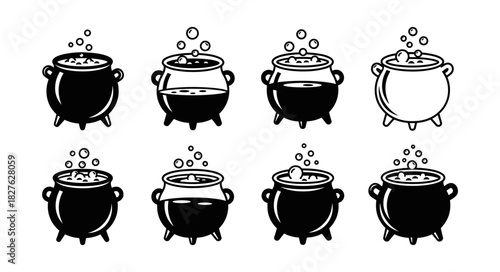 Collection of eight bubbling cauldrons in various styles and fil