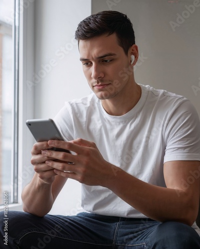 A man wearing a white t shirt sits near a bright window looking at a smartphone while holding it in both hands with wireless earbuds in his ears creating a calm indoor moment
