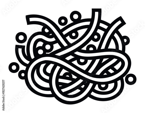 Abstract black and white graphic depiction of tangled spaghetti strands with circular elements, suitable for foodrelated media and abstract design projects.