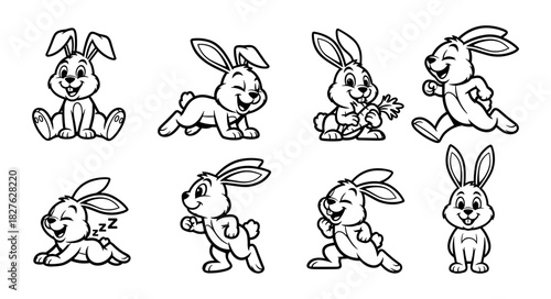 Collection of Cute Cartoon Bunny Illustrations in Various Poses.