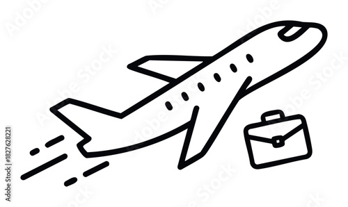 A black outline of an airplane taking off with a briefcase nearby, symbolizing travel and business trips for your next project.
