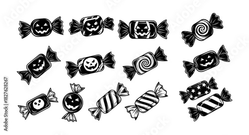 Halloween Candies Collection Black White Vector Art.
