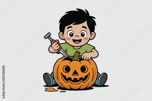 A cartoon child carving a jack-o'-lantern with a knife. The pumpkin is orange and has a carved face