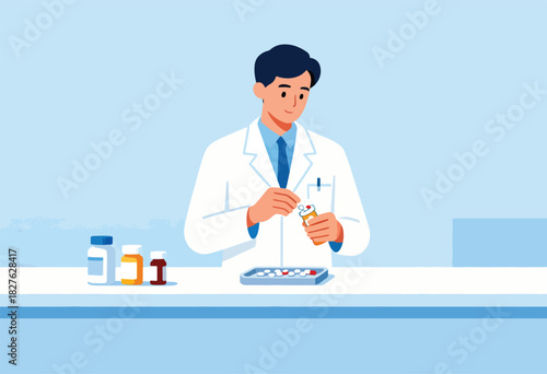 A pharmacist in a white coat counts pills from a bottle onto a tray. Pharmacy setting. Bottles and pills visible
