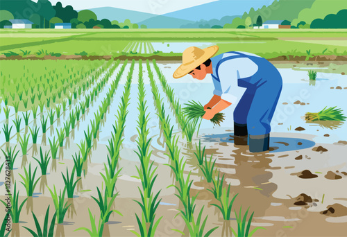 An illustrated farmer planting rice seedlings in a flooded paddy field, with rural houses and mountains