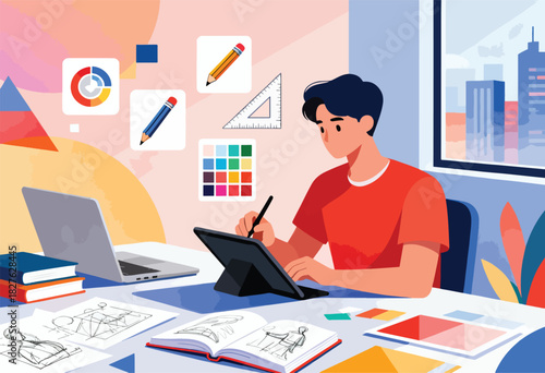 Illustration of a creative workspace with a person sketching on a tablet, surrounded by design elements and cityscape view