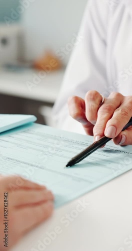 Doctor, hands and documents with patient for medical history, policy or consent form in hospital. People, healthcare worker or client with paperwork, application or contract for health insurance