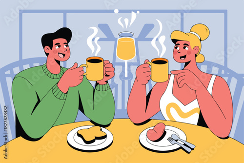 Illustration of a couple enjoying coffee with breakfast. Steam rises, suggesting warmth, and joyful expressions