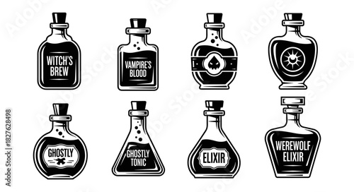 Collection of vintage potion bottles with spooky labels for Hall