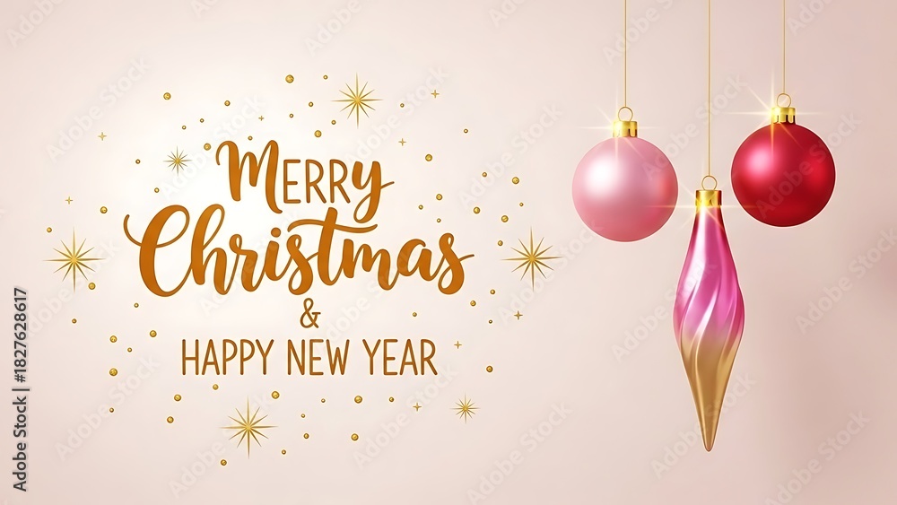 Naklejka premium Merry christmas and happy new year greeting with festive ornaments and gold glittery text on pink background