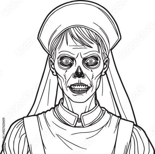 Portrait of a young woman with a black vector skull sketch on her face for a Halloween monster art illustration