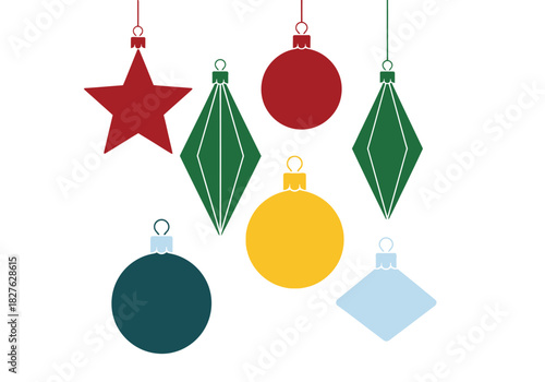 A collection of seven brightly colored solidfill Christmas ornaments hanging against a white background