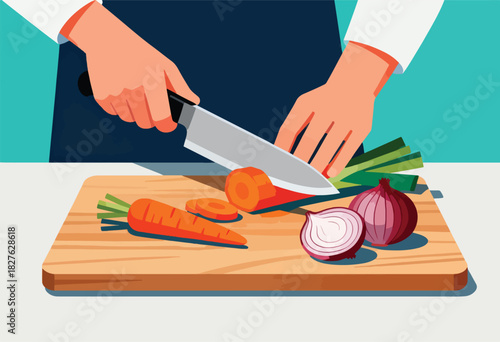 Hands using a knife to slice vegetables on a wooden cutting board. Carrots, onions, and leeks are present