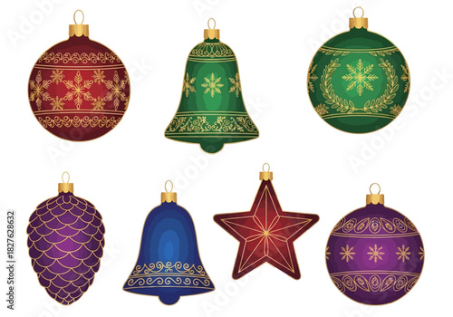 A collection of seven ornate colorful Christmas ornaments on a white background