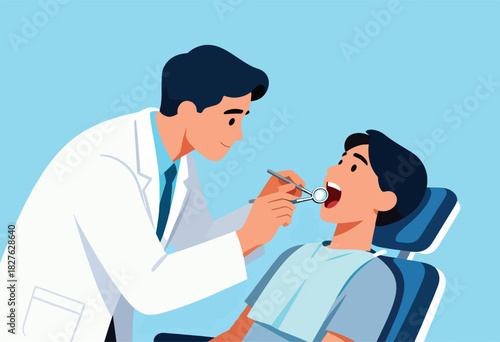 A smiling dentist examining a patient's open mouth with a dental mirror, illustration on a blue background