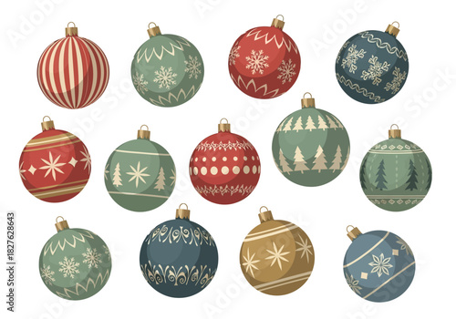 A collection of twelve vintagestyle Christmas ornaments in red green blue and gold tones