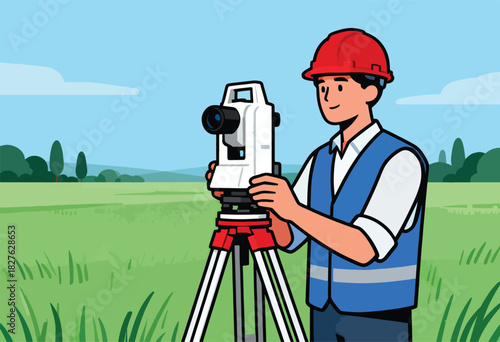 A surveyor with a red hard hat, vest, and instrument surveying a green field under a light blue sky