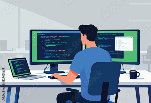 A person, from the back, codes on a desktop and laptop, monitors show code, a coffee mug sits on a white desk