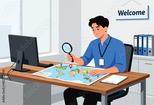 A man in a blue shirt examines a world map with a magnifying glass, office setting, "Welcome" sign above