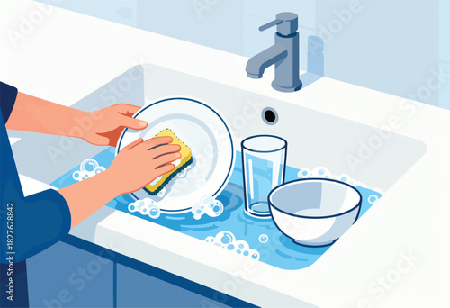 A person washes dishes in a sink filled with suds. Plates, bowl, and glass are present. Faucet overhead