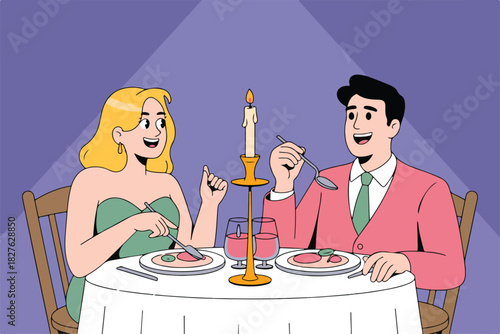 Illustration depicts a couple enjoying a romantic dinner, set with plates, wine, and a candle on a table