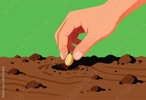 A hand places a seed into soil, a moment of planting, with a vibrant green background