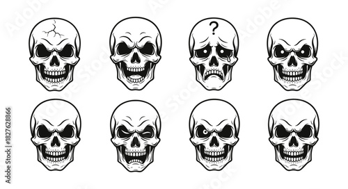 Collection of Eight Expressive Skulls with Different Emotions an