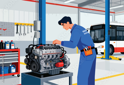 Mechanic in blue coveralls works on an engine in a bus repair shop, bus in the background. Tools and supplies