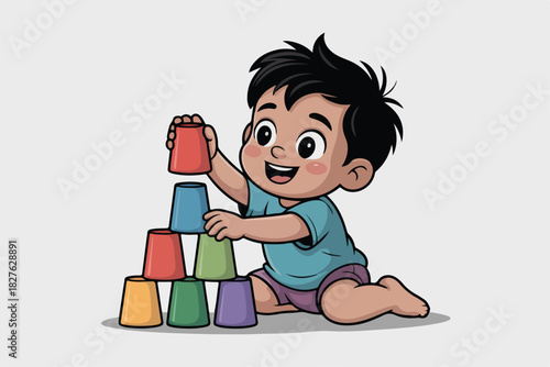 A smiling child builds a tower of colorful plastic cups. The toddler sits, focused, adding a red cup to the top