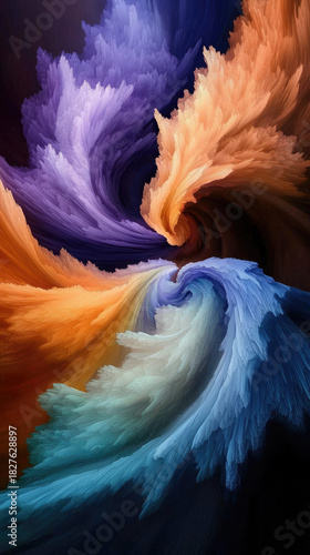 Abstract Swirling Colors Of Purple Orange Blue And White Form A Dynamic Vortex Of Pixelated Energy Against A Dark Background With Dramatic Lighting