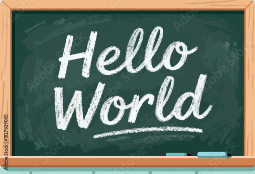 A blackboard with "Hello World" written in chalk.  It has a wooden frame and chalk holder and 2 pieces of chalk
