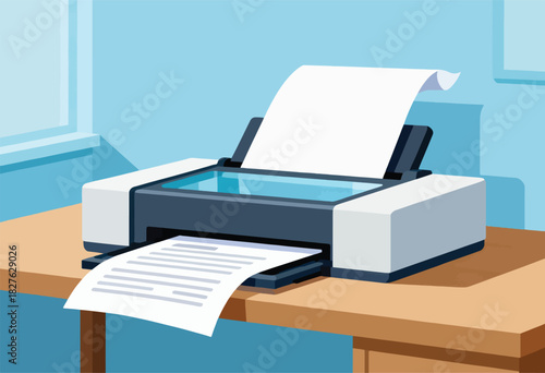 A flat illustration of a printer on a desk, paper emerging from it. A window frames the background