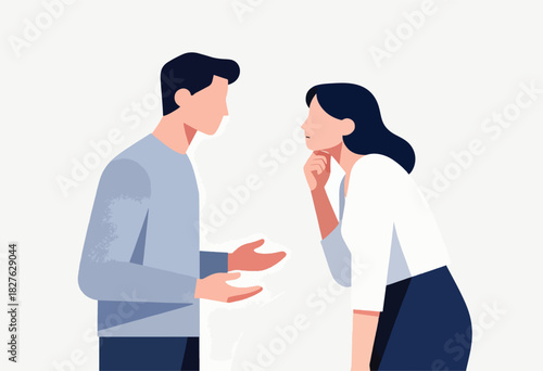 A stylized illustration features a man gesturing towards a woman who is thoughtfully touching her chin