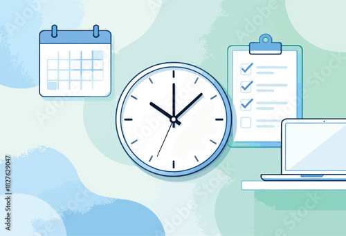 An illustration depicting time management, showing a clock, checklist, calendar, and laptop on a blue & green background