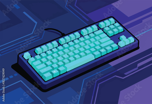 Stylized illustration of a mechanical keyboard with teal keys and a dark blue base on a tech-inspired background