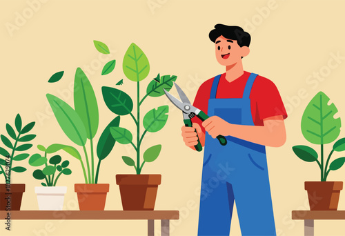 Cartoon illustration of a person pruning plants with scissors. Plants in pots sit on a wooden shelf. Leaves fall