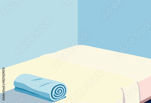 A simple, flat illustration of a bed with folded sheets and a rolled towel in a pastel room